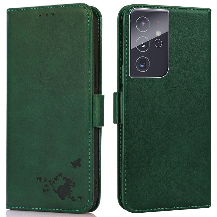 For Samsung Galaxy S21 Ultra 5G Embossed Cat Butterflies Pattern Horizontal Flip Leather Case with Card Slot & Holder & Wallet
