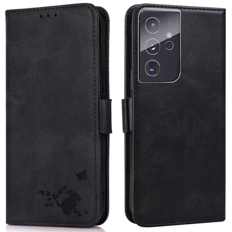 For Samsung Galaxy S21 Ultra 5G Embossed Cat Butterflies Pattern Horizontal Flip Leather Case with Card Slot & Holder & Wallet
