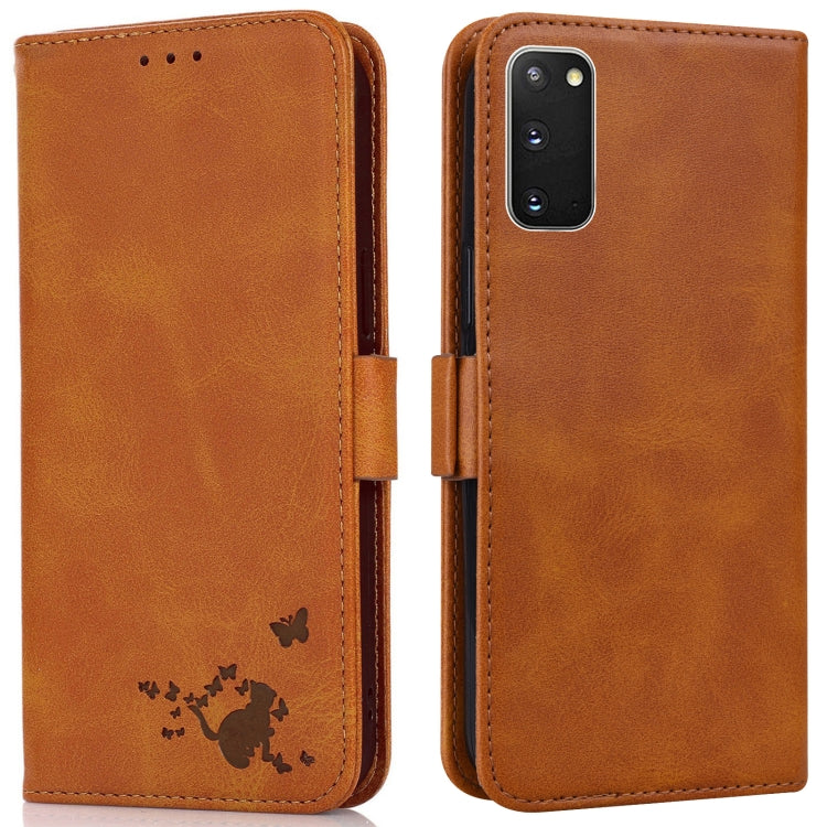 For Samsung Galaxy S20 Embossed Cat Butterflies Pattern Horizontal Flip Leather Case with Card Slot & Holder & Wallet