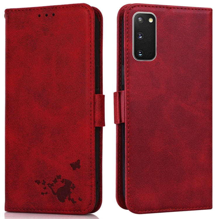For Samsung Galaxy S20 Embossed Cat Butterflies Pattern Horizontal Flip Leather Case with Card Slot & Holder & Wallet