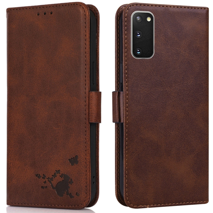 For Samsung Galaxy S20 Embossed Cat Butterflies Pattern Horizontal Flip Leather Case with Card Slot & Holder & Wallet