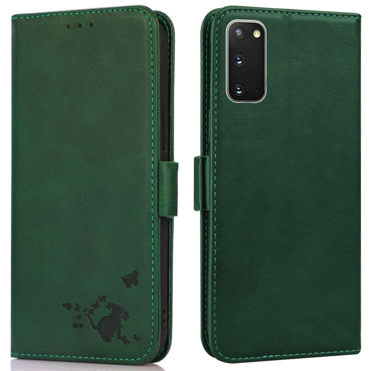 For Samsung Galaxy S20 Embossed Cat Butterflies Pattern Horizontal Flip Leather Case with Card Slot & Holder & Wallet