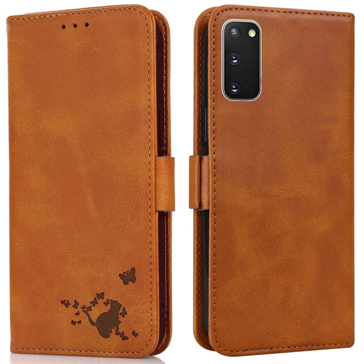For Samsung Galaxy S20+ Embossed Cat Butterflies Pattern Horizontal Flip Leather Case with Card Slot & Holder & Wallet