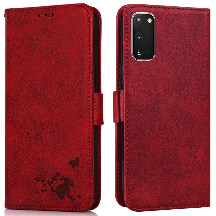 For Samsung Galaxy S20+ Embossed Cat Butterflies Pattern Horizontal Flip Leather Case with Card Slot & Holder & Wallet