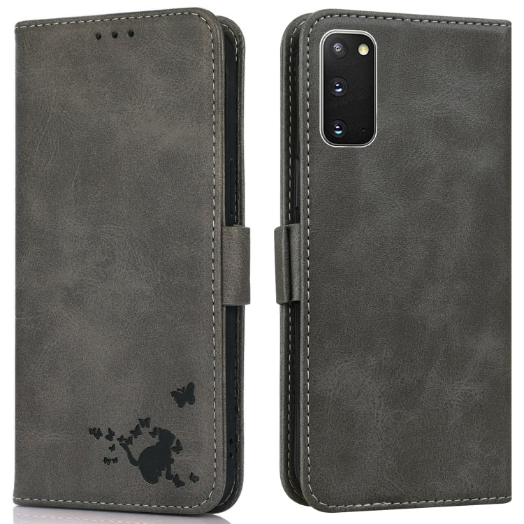 For Samsung Galaxy S20+ Embossed Cat Butterflies Pattern Horizontal Flip Leather Case with Card Slot & Holder & Wallet