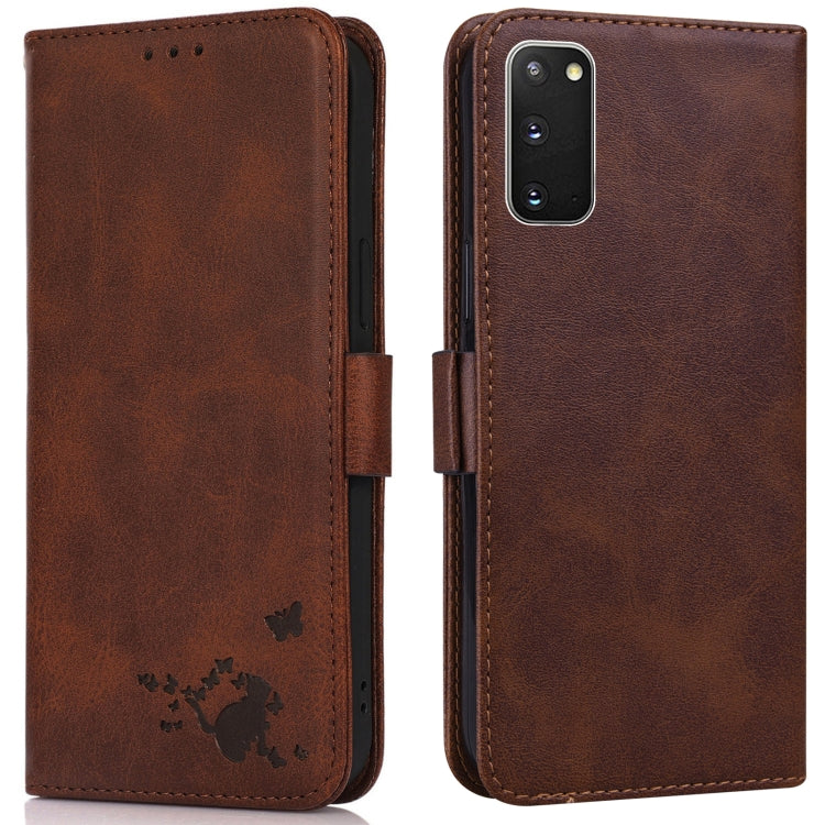 For Samsung Galaxy S20+ Embossed Cat Butterflies Pattern Horizontal Flip Leather Case with Card Slot & Holder & Wallet