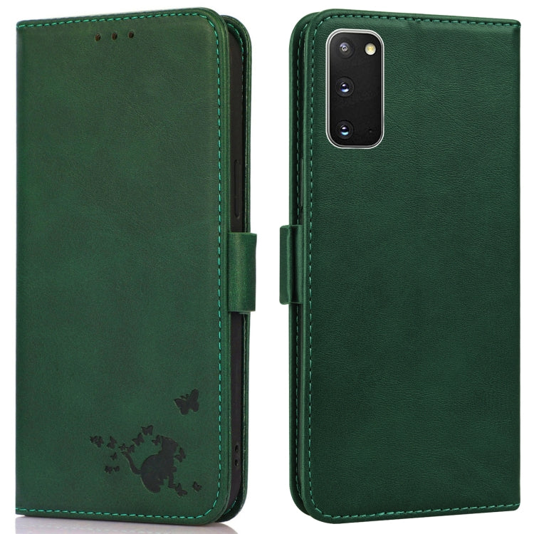 For Samsung Galaxy S20+ Embossed Cat Butterflies Pattern Horizontal Flip Leather Case with Card Slot & Holder & Wallet