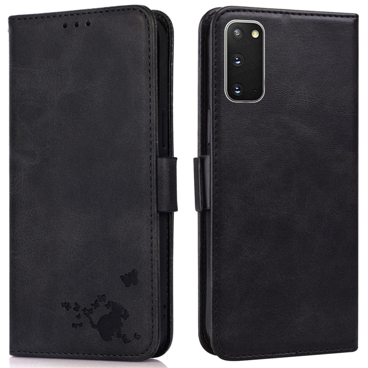 For Samsung Galaxy S20+ Embossed Cat Butterflies Pattern Horizontal Flip Leather Case with Card Slot & Holder & Wallet