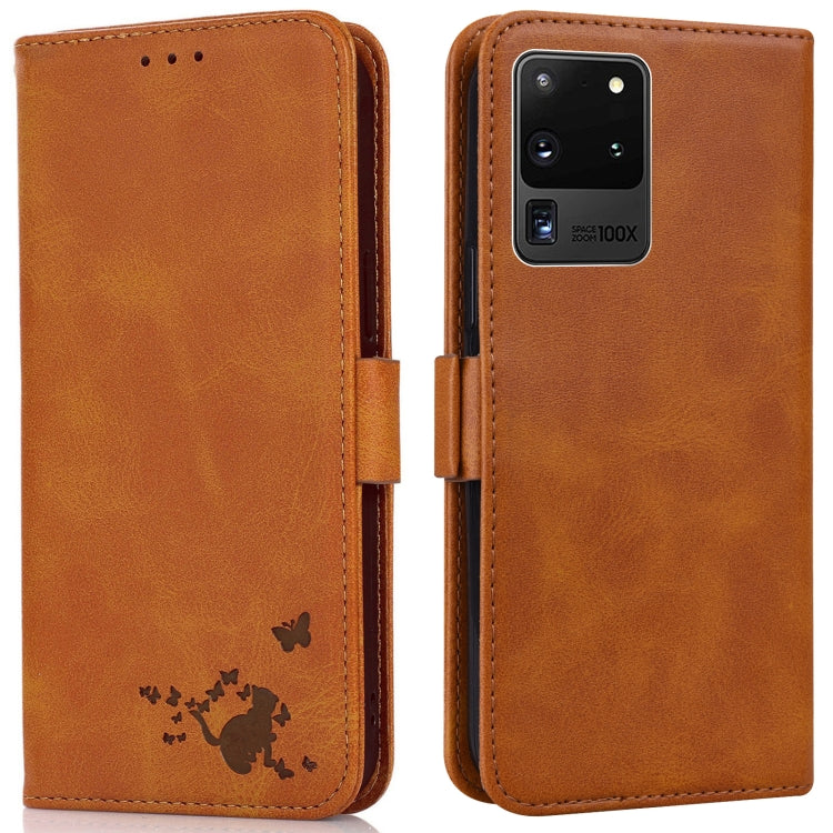 For Samsung Galaxy S20 Ultra Embossed Cat Butterflies Pattern Horizontal Flip Leather Case with Card Slot & Holder & Wallet