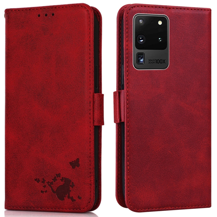 For Samsung Galaxy S20 Ultra Embossed Cat Butterflies Pattern Horizontal Flip Leather Case with Card Slot & Holder & Wallet