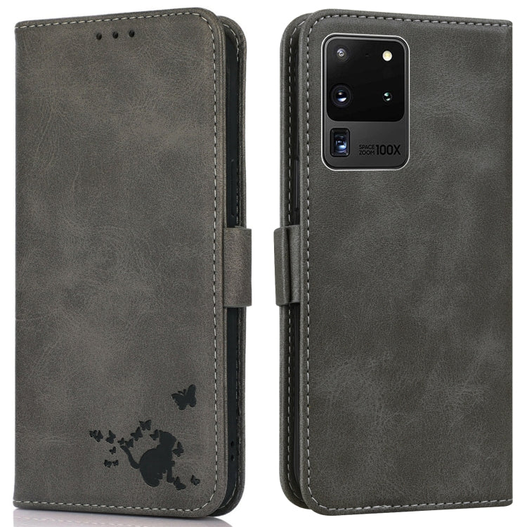 For Samsung Galaxy S20 Ultra Embossed Cat Butterflies Pattern Horizontal Flip Leather Case with Card Slot & Holder & Wallet