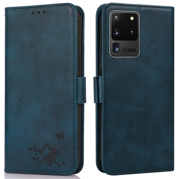 For Samsung Galaxy S20 Ultra Embossed Cat Butterflies Pattern Horizontal Flip Leather Case with Card Slot & Holder & Wallet