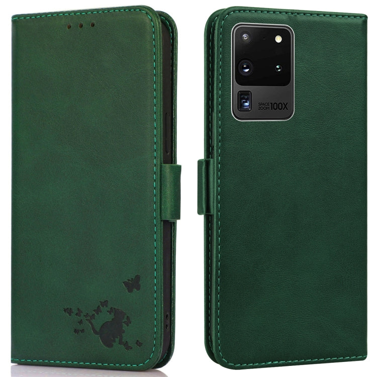 For Samsung Galaxy S20 Ultra Embossed Cat Butterflies Pattern Horizontal Flip Leather Case with Card Slot & Holder & Wallet