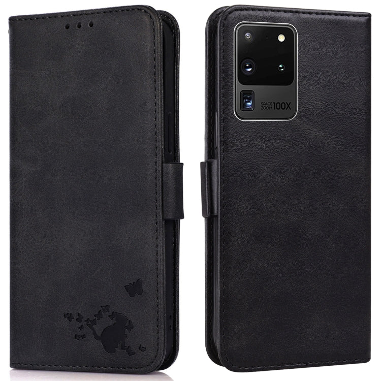 For Samsung Galaxy S20 Ultra Embossed Cat Butterflies Pattern Horizontal Flip Leather Case with Card Slot & Holder & Wallet