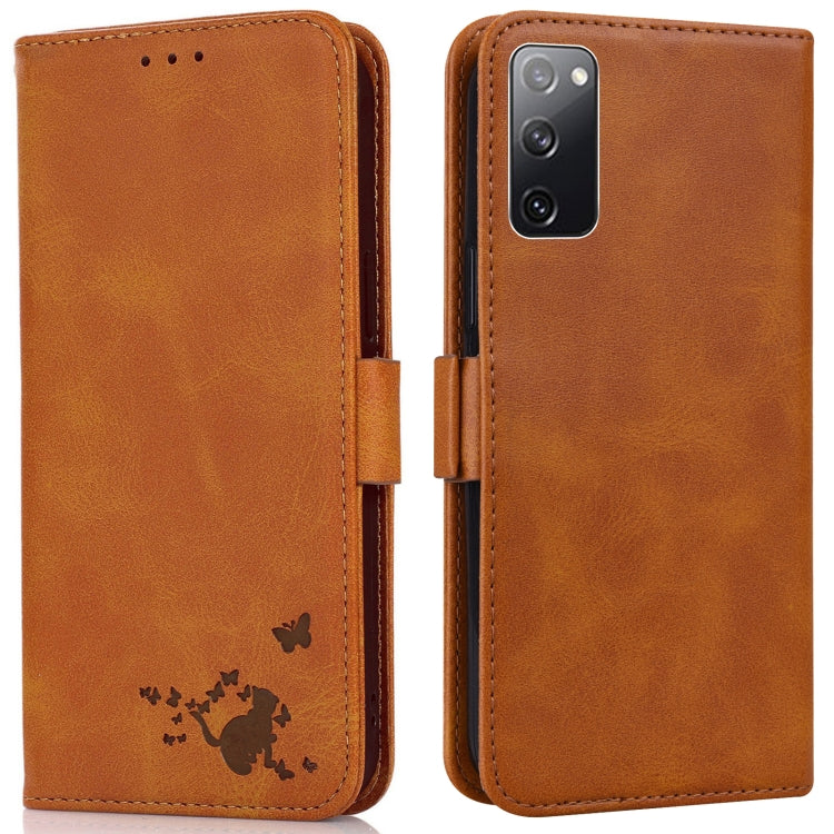 For Samsung Galaxy S20 FE Embossed Cat Butterflies Pattern Horizontal Flip Leather Case with Card Slot & Holder & Wallet