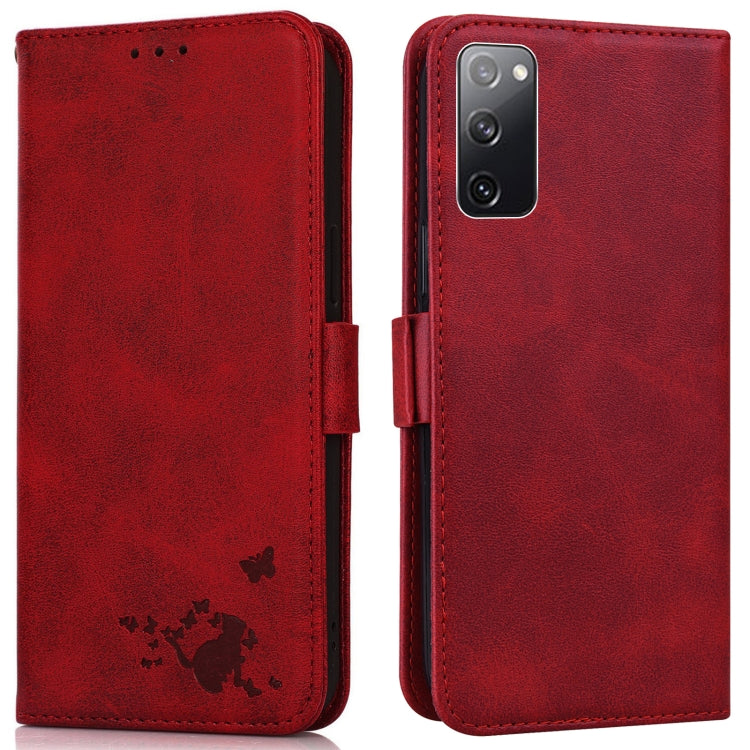 For Samsung Galaxy S20 FE Embossed Cat Butterflies Pattern Horizontal Flip Leather Case with Card Slot & Holder & Wallet