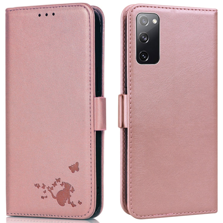 For Samsung Galaxy S20 FE Embossed Cat Butterflies Pattern Horizontal Flip Leather Case with Card Slot & Holder & Wallet