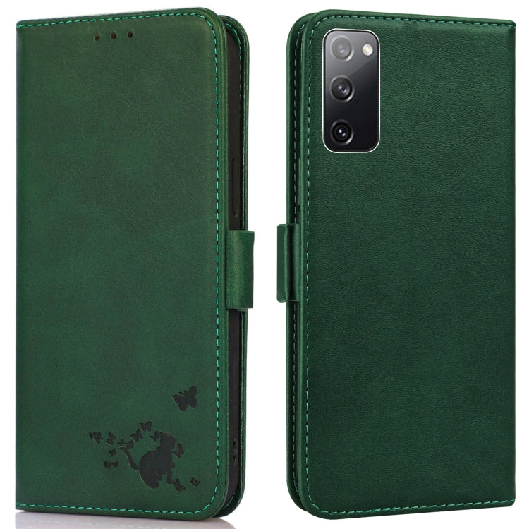For Samsung Galaxy S20 FE Embossed Cat Butterflies Pattern Horizontal Flip Leather Case with Card Slot & Holder & Wallet