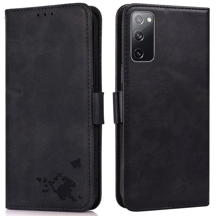 For Samsung Galaxy S20 FE Embossed Cat Butterflies Pattern Horizontal Flip Leather Case with Card Slot & Holder & Wallet