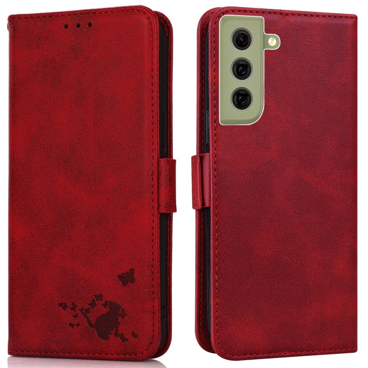 For Samsung Galaxy S21 FE 5G Embossed Cat Butterflies Pattern Horizontal Flip Leather Case with Card Slot & Holder & Wallet
