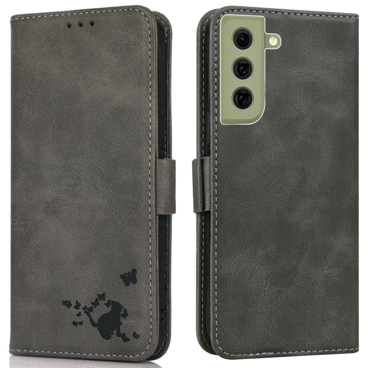 For Samsung Galaxy S21 FE 5G Embossed Cat Butterflies Pattern Horizontal Flip Leather Case with Card Slot & Holder & Wallet