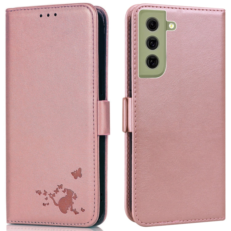 For Samsung Galaxy S21 FE 5G Embossed Cat Butterflies Pattern Horizontal Flip Leather Case with Card Slot & Holder & Wallet