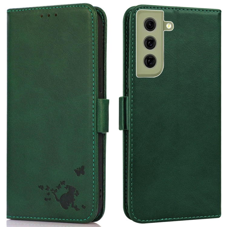 For Samsung Galaxy S21 FE 5G Embossed Cat Butterflies Pattern Horizontal Flip Leather Case with Card Slot & Holder & Wallet
