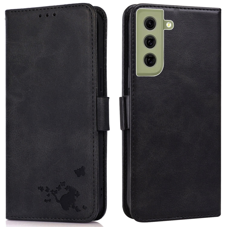 For Samsung Galaxy S21 FE 5G Embossed Cat Butterflies Pattern Horizontal Flip Leather Case with Card Slot & Holder & Wallet