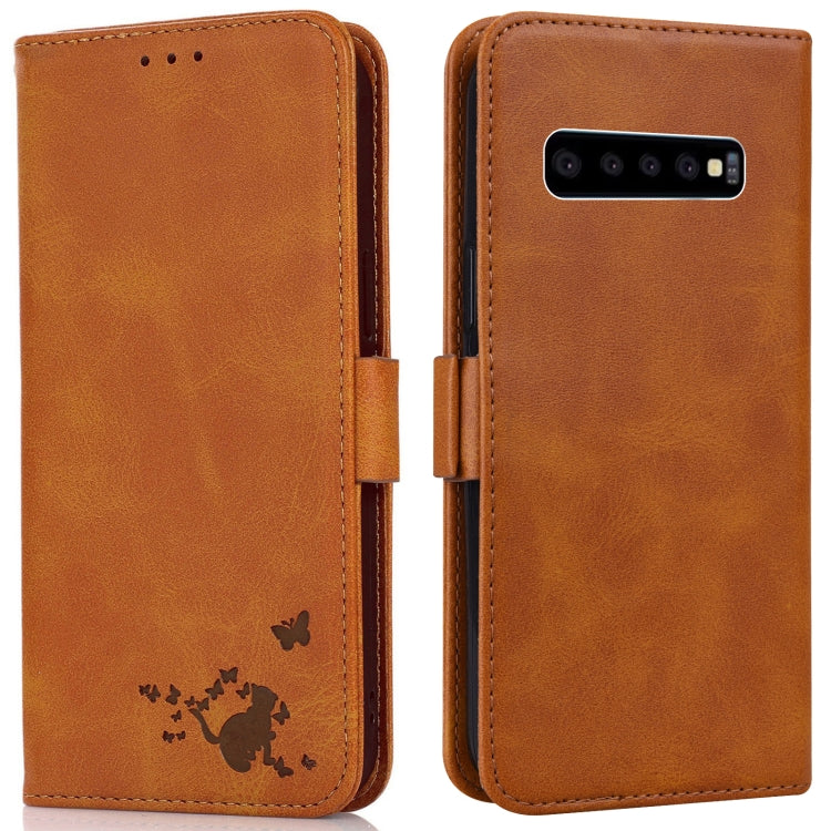 For Samsung Galaxy S10 Embossed Cat Butterflies Pattern Horizontal Flip Leather Case with Card Slot & Holder & Wallet