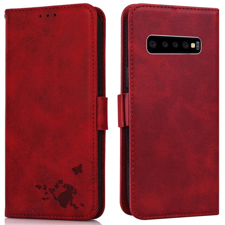 For Samsung Galaxy S10 Embossed Cat Butterflies Pattern Horizontal Flip Leather Case with Card Slot & Holder & Wallet