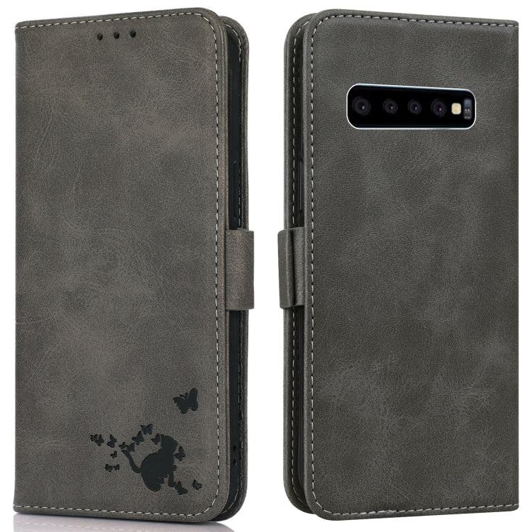 For Samsung Galaxy S10 Embossed Cat Butterflies Pattern Horizontal Flip Leather Case with Card Slot & Holder & Wallet