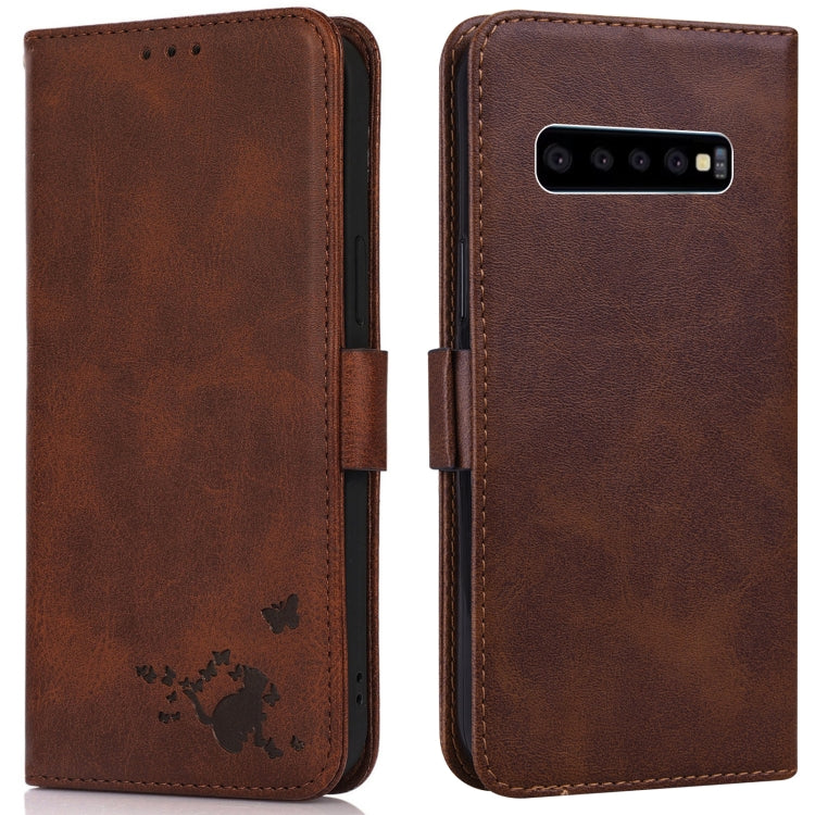 For Samsung Galaxy S10 Embossed Cat Butterflies Pattern Horizontal Flip Leather Case with Card Slot & Holder & Wallet