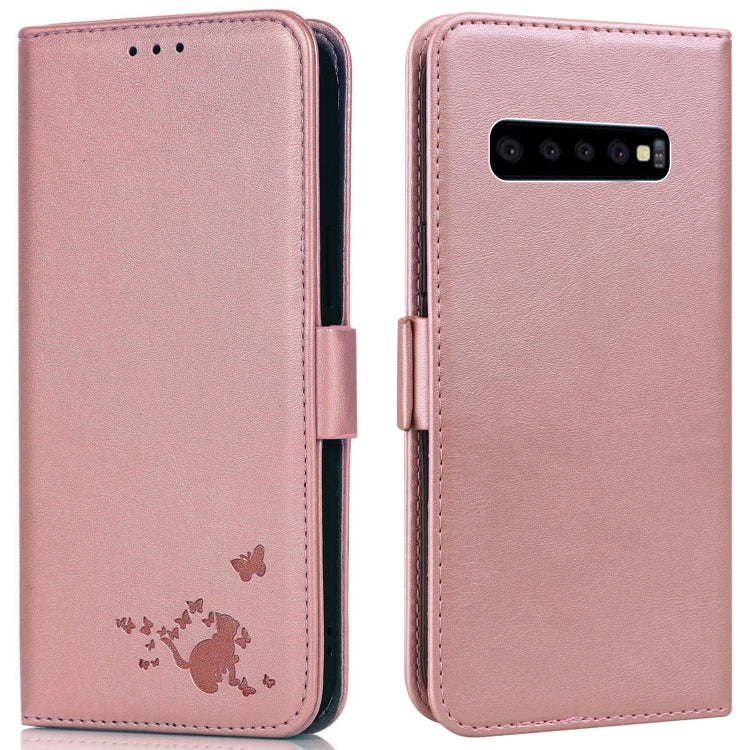 For Samsung Galaxy S10 Embossed Cat Butterflies Pattern Horizontal Flip Leather Case with Card Slot & Holder & Wallet