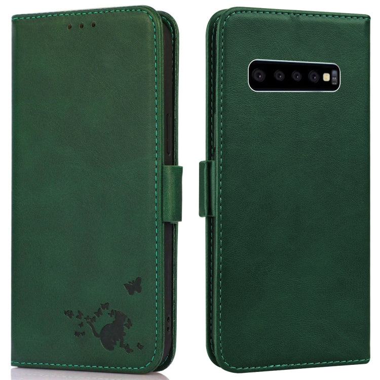For Samsung Galaxy S10 Embossed Cat Butterflies Pattern Horizontal Flip Leather Case with Card Slot & Holder & Wallet
