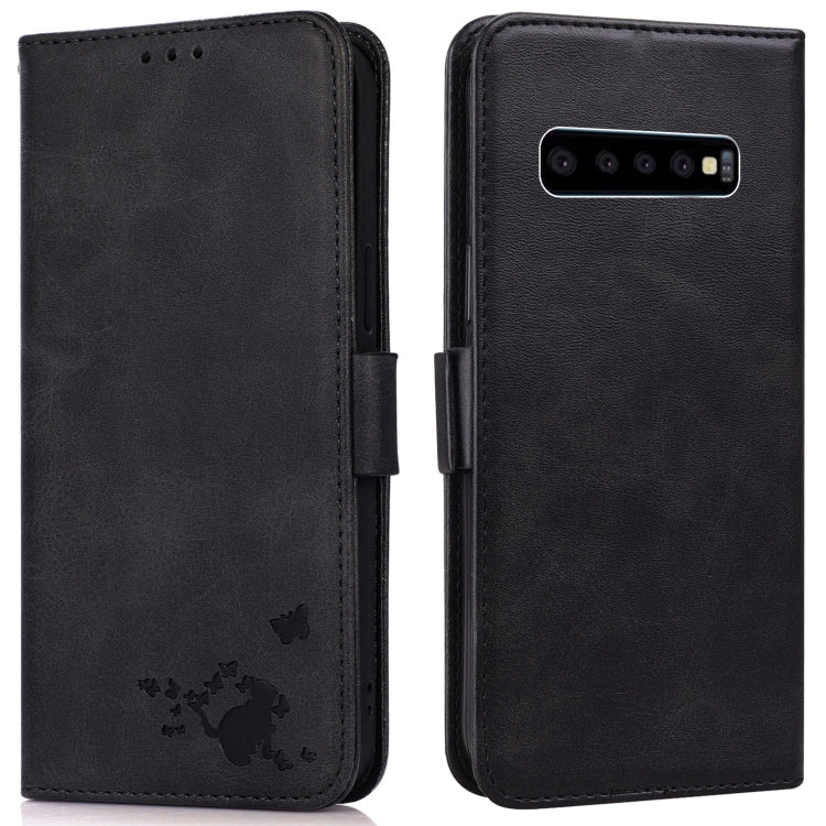 For Samsung Galaxy S10 Embossed Cat Butterflies Pattern Horizontal Flip Leather Case with Card Slot & Holder & Wallet
