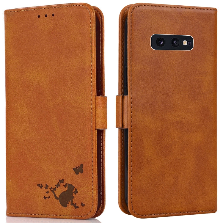 For Samsung Galaxy S10e Embossed Cat Butterflies Pattern Horizontal Flip Leather Case with Card Slot & Holder & Wallet