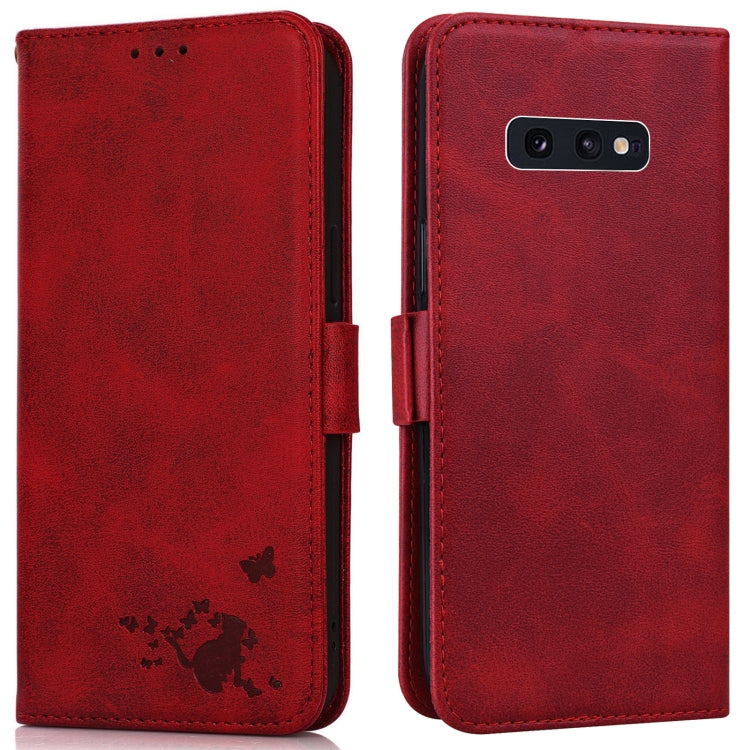 For Samsung Galaxy S10e Embossed Cat Butterflies Pattern Horizontal Flip Leather Case with Card Slot & Holder & Wallet