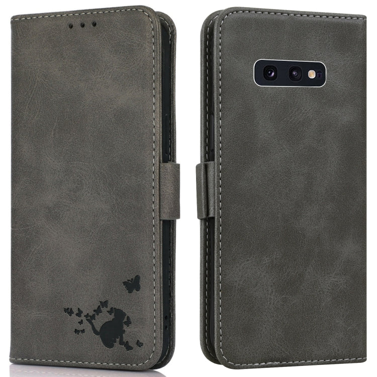 For Samsung Galaxy S10e Embossed Cat Butterflies Pattern Horizontal Flip Leather Case with Card Slot & Holder & Wallet