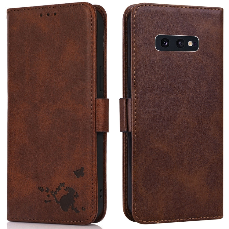 For Samsung Galaxy S10e Embossed Cat Butterflies Pattern Horizontal Flip Leather Case with Card Slot & Holder & Wallet