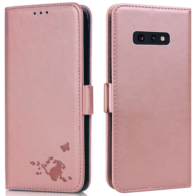 For Samsung Galaxy S10e Embossed Cat Butterflies Pattern Horizontal Flip Leather Case with Card Slot & Holder & Wallet