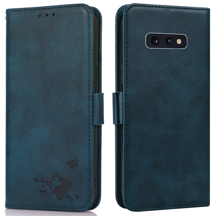For Samsung Galaxy S10e Embossed Cat Butterflies Pattern Horizontal Flip Leather Case with Card Slot & Holder & Wallet