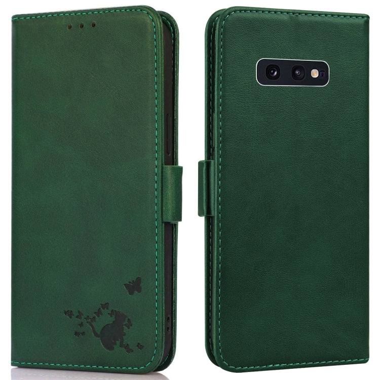 For Samsung Galaxy S10e Embossed Cat Butterflies Pattern Horizontal Flip Leather Case with Card Slot & Holder & Wallet