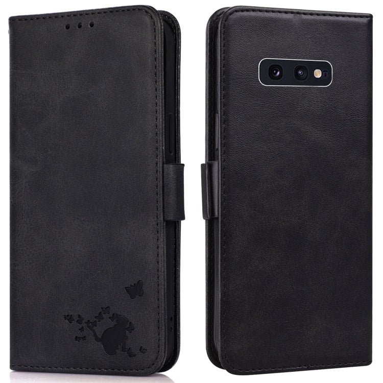 For Samsung Galaxy S10e Embossed Cat Butterflies Pattern Horizontal Flip Leather Case with Card Slot & Holder & Wallet