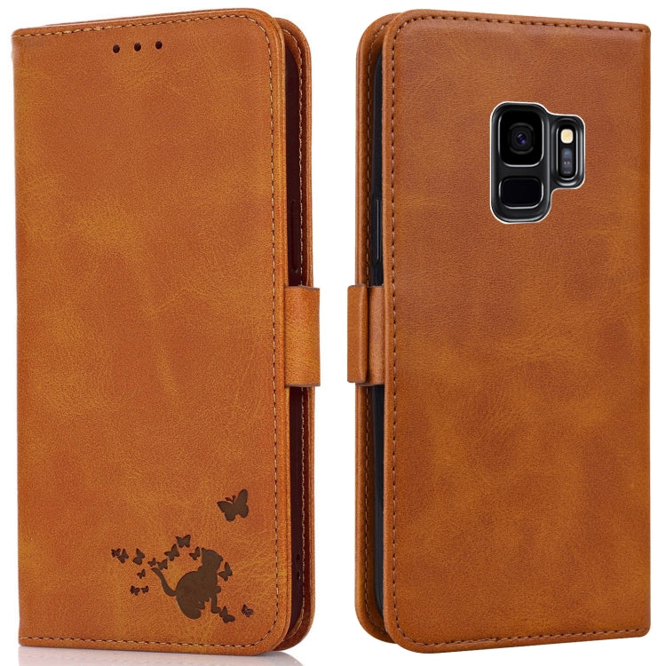 For Samsung Galaxy S9 Embossed Cat Butterflies Pattern Horizontal Flip Leather Case with Card Slot & Holder & Wallet