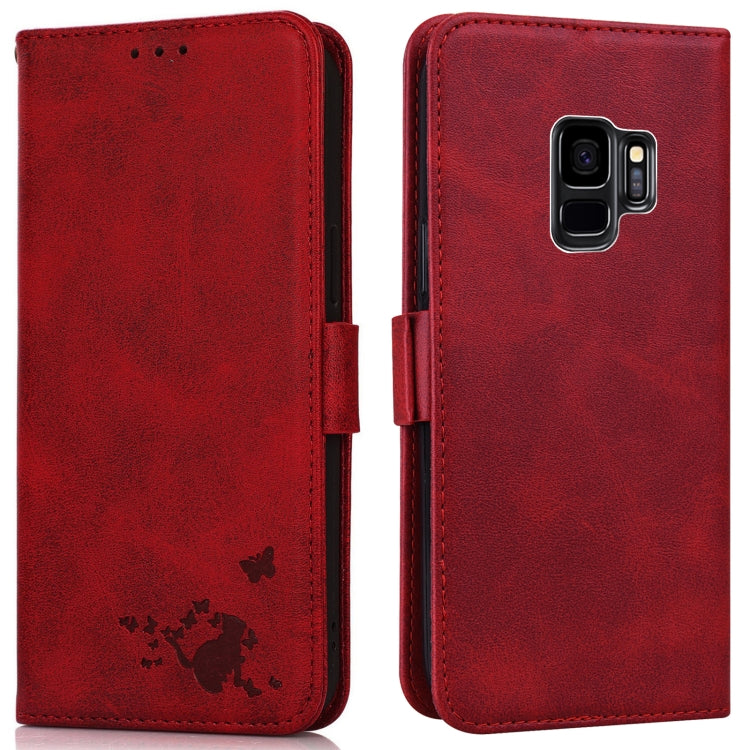 For Samsung Galaxy S9 Embossed Cat Butterflies Pattern Horizontal Flip Leather Case with Card Slot & Holder & Wallet