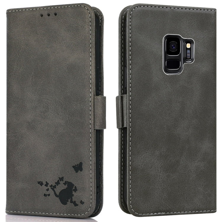 For Samsung Galaxy S9 Embossed Cat Butterflies Pattern Horizontal Flip Leather Case with Card Slot & Holder & Wallet