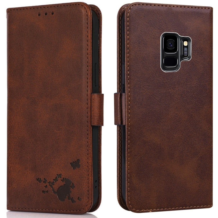 For Samsung Galaxy S9 Embossed Cat Butterflies Pattern Horizontal Flip Leather Case with Card Slot & Holder & Wallet