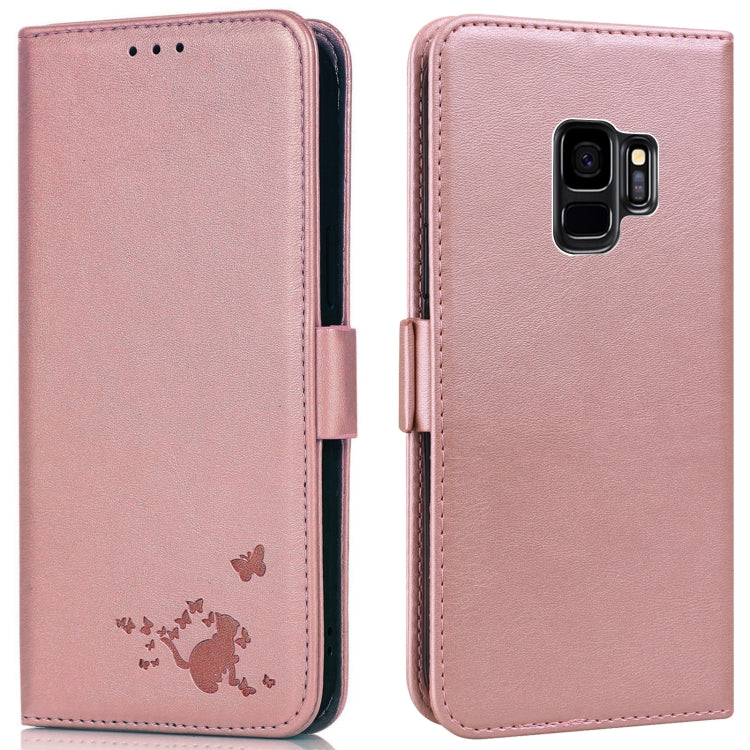 For Samsung Galaxy S9 Embossed Cat Butterflies Pattern Horizontal Flip Leather Case with Card Slot & Holder & Wallet