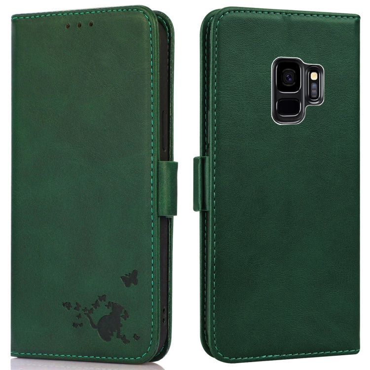 For Samsung Galaxy S9 Embossed Cat Butterflies Pattern Horizontal Flip Leather Case with Card Slot & Holder & Wallet
