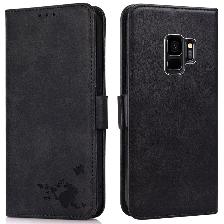 For Samsung Galaxy S9 Embossed Cat Butterflies Pattern Horizontal Flip Leather Case with Card Slot & Holder & Wallet